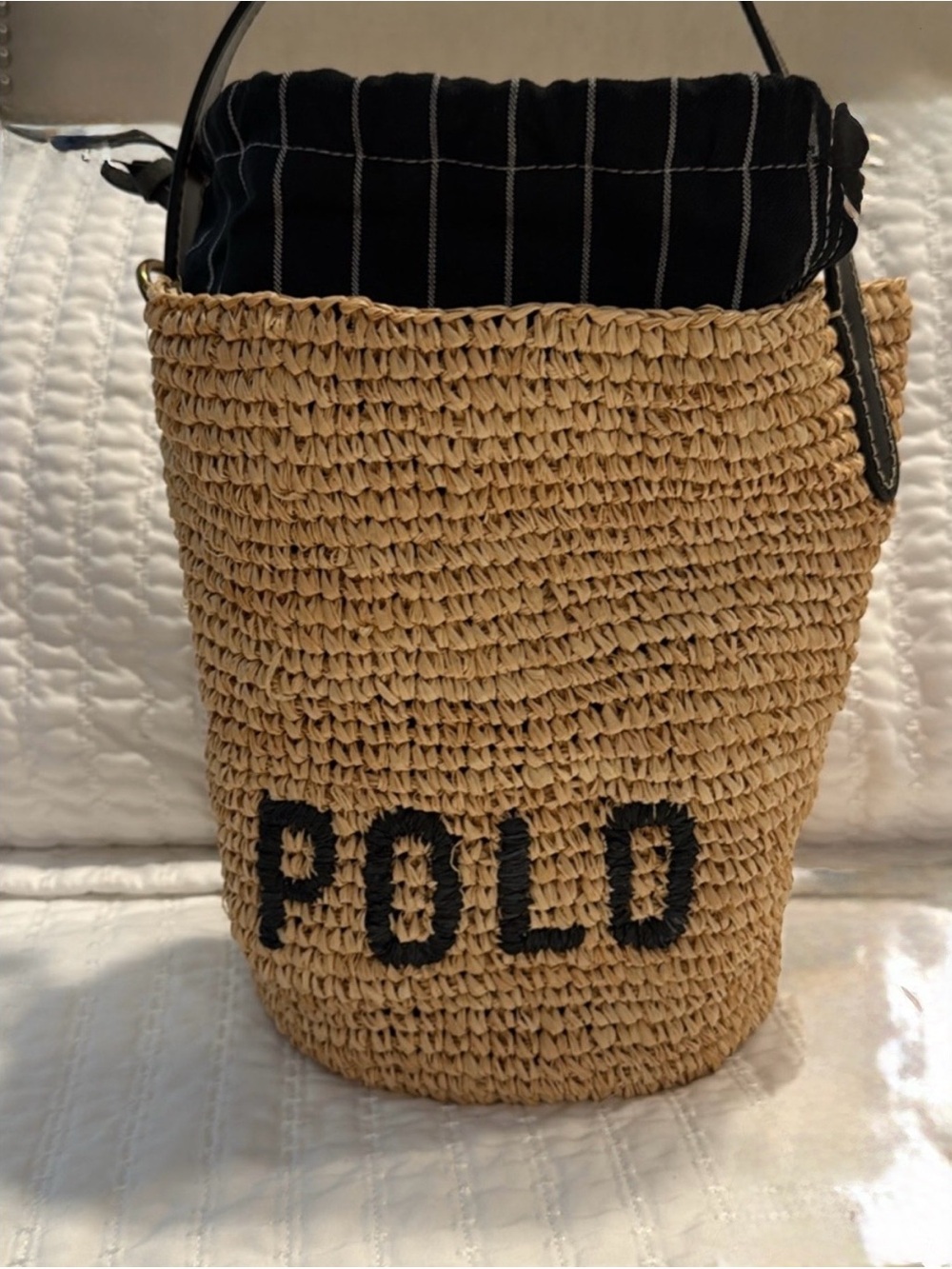 POLO Ralph Lauren Raffia Straw Bucket Tote Shoulder Bag Drawstring